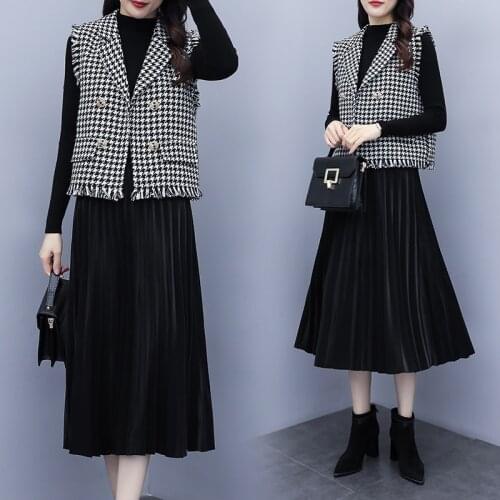 New Tweed Vest Womens Fashion Three-Piece Suit All-matching Celebrity Style Plaid Fringe Waistcoat Women Winter Vest 3PCS s1153