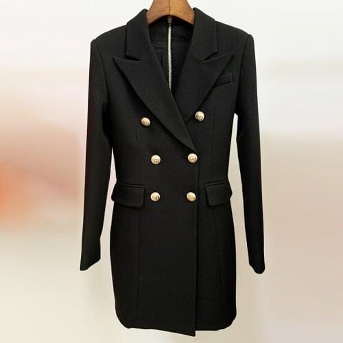 HIGH STREET New Fashion 2021 Designer Stylish Womens Black Long Sleeve Notched Collar Lion Buttons Double Breasted Blazer Dress