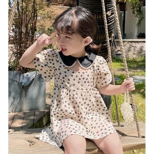 2021 Summer Baby Girls Cotton Pearl Collar Dress Kids High Quality Sweet Dresses Children Princess Birthday Party Party Vestidos