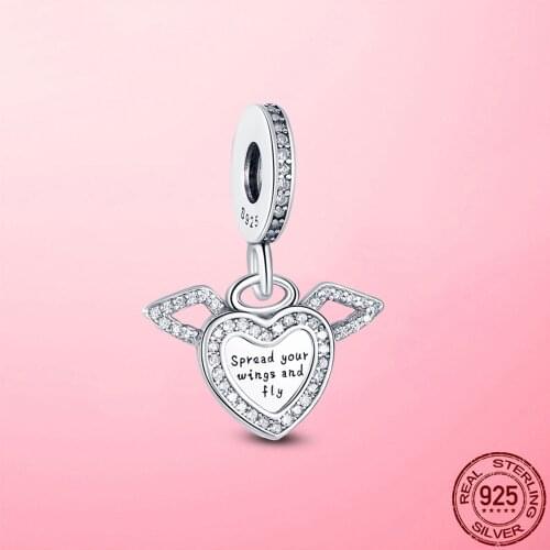 High Quality 925 Sterling Silver Heart and Angel Wings Dangle Charm Beads fit Original Pendant Bracelet Silver 925 Jewelry Gift