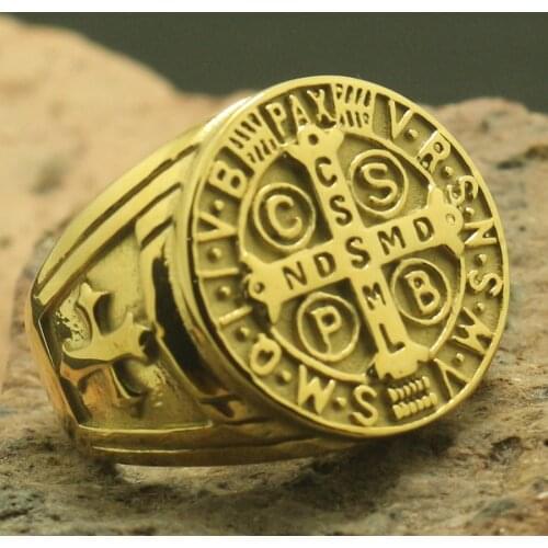 Saint Benedict of Nursia CSPB CSSML NDSMD Unisex 316L Stainless Steel Christianity Catholic Church Jesus Cross Ring