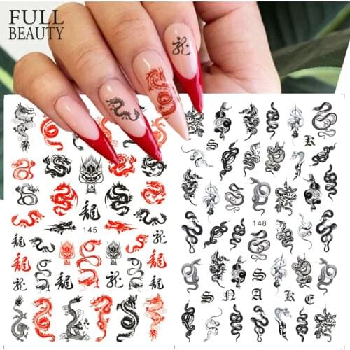 Dragon Snake Stickers For Nail 3D Black Gothic Style Self Adhesive Slider Chinese Nails Art Decoration Decals Wraps CHEB145-152