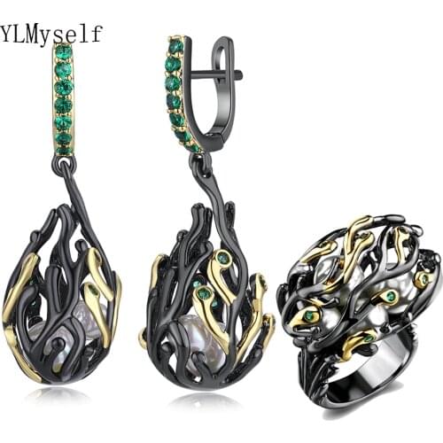 Branch design earrings rings 2pc set irregular jewelry black gold plate white pearl green crystal big cocktail Earring ring sets