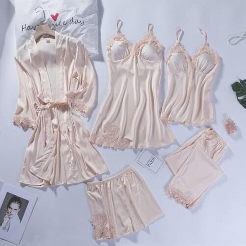 5PCS Sleepwear Robe Satin Pajamas Set For Women Nightwear Casual Kimono Gown Home Clothes Sexy Intimate Lingerie Pyjamas