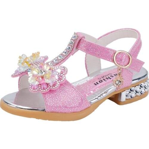 2021 Princess Summer Childrens Sandals Kid Girls Cute Beach Sandals Bowknot Slippers Glitter Shoes Flower Squre Heels Shoes