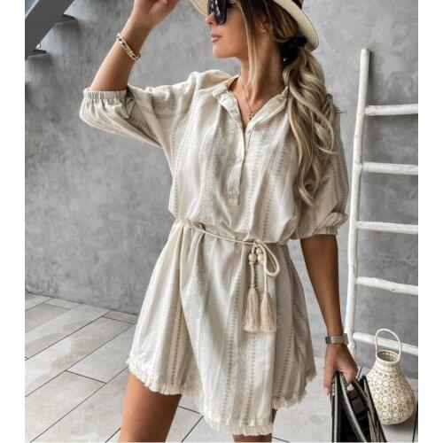 Summer Sexy Womens Boho Style Floral Print Mini Dress Ladies Bodycon Short Sleeve Bandage Waist Linen Dress Womens Sundress