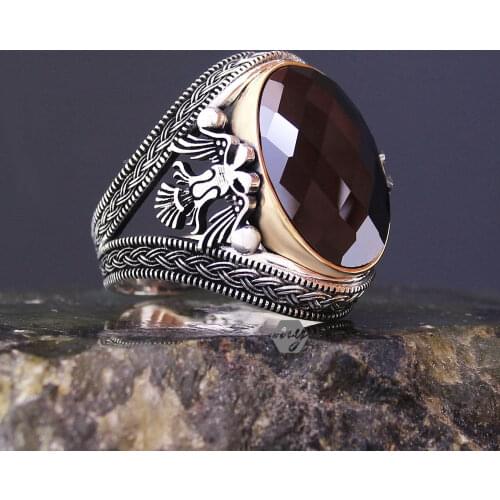 Solid 925 Sterling Silver Black Zircon Knitting Pattern Double Headed Eagle Mens Ring