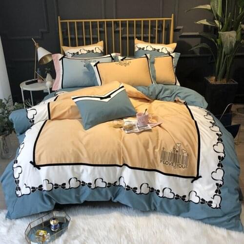 New 100% cotton Sanding Printed Flower Plaid Bedding sets Queen King Wedding Duvet cover Bed sheet set Pillowcases 4pcs yellow
