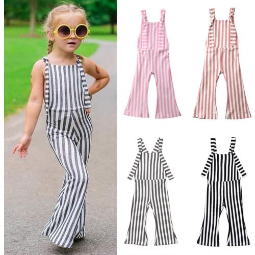 Wholesale Summer Kids Baby Girls Off shoulder Striped Romper Jumpsuits Sleeveless Outfits Fashion Flare Pants Clothing