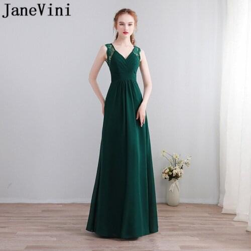 JaneVini Simple Dark Green Chiffon Bridesmaids Dress Jurken Lang Sexy V-Neck Keyhole Back Long Graduation Dresses Wedding Party