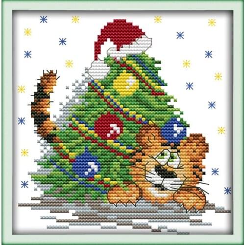 Joy sunday cartoon style The naughty little Christmas tiger cross stitch pattrens embroidery easy counted for beginners