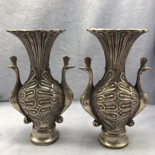 Collect China Fine Workmanship Cupronickel Sculpture Peafowl Flower Vase Metal Crafts Home Decoration