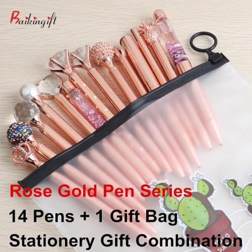 14PCS/LOT Rose Gold Ballpoint Pen Gift Stationery Combination Series Rose gold Pens For School Office Suppliers Pen Christmas