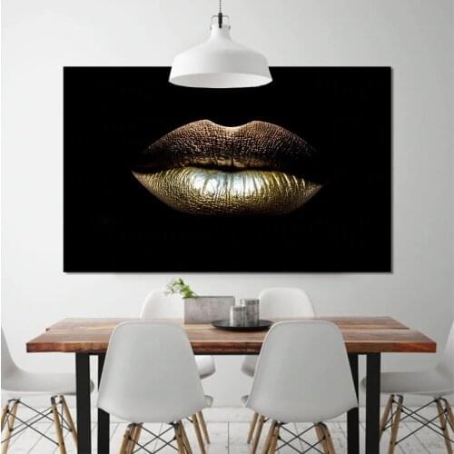 Modern Pictures Black White Sexy Charming Woman Gold Lips Canvas Painting Wall Art For Living Room Home Decor Posters and Prints