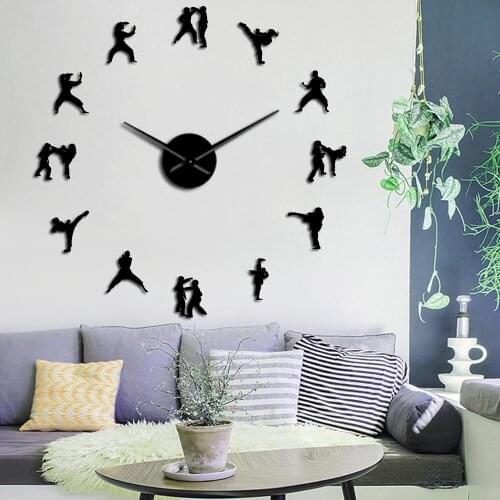 Athlete Fighting Mirror Wall Stickers Karate Taekwondo Large DIY Wall Clock Wall Watch Clocks Living Room Decoration Horologe