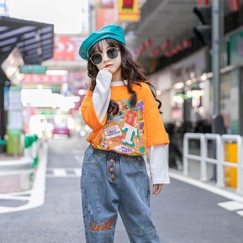 Girls Loose T-shirt 2021 Spring New Teen Animal Print Fake two-piece Tops Children Long-sleeved Cotton Bottoming Shirt
