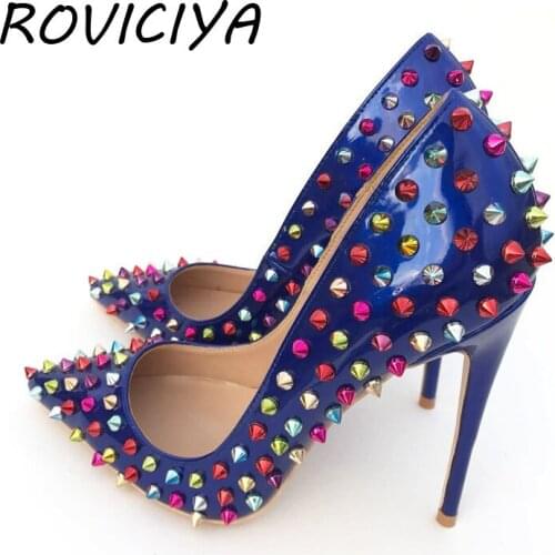 Dark Blue Patent Leather Shoes Women Pumps with Rivet Sexy Pointed Toe 12cm High Heels Wedding Party Shoes MD032 ROVICIYA