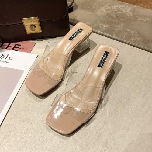 PUMPS 5.5CM Slippers womens mid-toe square-toe womens shoes 2020 summer new transparent crystal with sandals and slippers