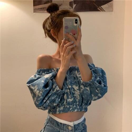 Women Blouse Summer Retro Sexy off-Neck Tie-Dye Puff Sleeve Shirt Top Womens Clothing Blusas Ropa De Mujer
