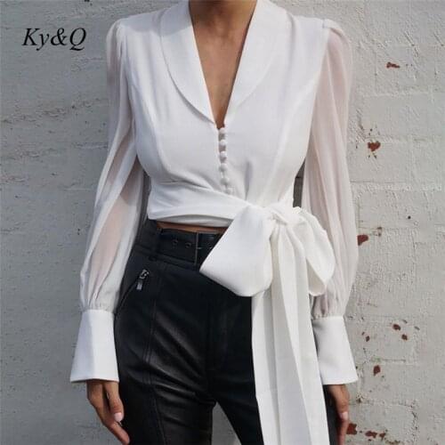 2021 Fashion Elegant Women Long Sleeve Bandage Chiffon Blouse Casual Lace Up Shirts Lapel Neck V Neck Ol Tops Spring Blusas