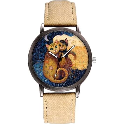 Womens Watches Luxury Fashion Denim Strap Analog Quartz Creative Cute Cat Watch For Women Clock Couple Watch Gifts Montre Femme