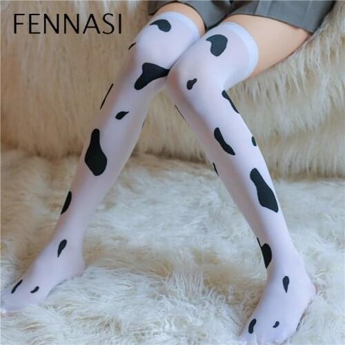 FENNASI Womens Stockings The Dairy Cow Pattern Erotic Cosplay Thigh High Perspective Over Knee Scoks