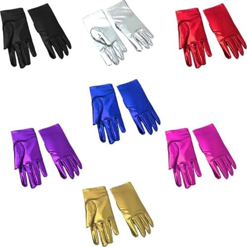 Women Faux Pantent Leather Spandex Short Gloves Shiny Metallic Solid Color Mittens Stage Performace Cosplay Costume