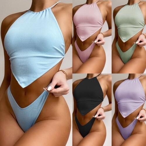 Women Halter Swimwear Sexy High Waist Thong Bikini Pad Tied Top Backless Swimsuit Brazilian Bikini Set Bathing Beach Swim Suit