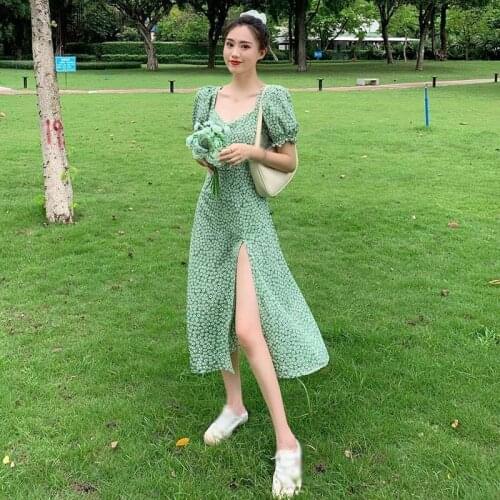 Temperament Square Neck Floral Split Design Women Dress Summer Korean Style Puff Sleeve Tighten Waist Dress