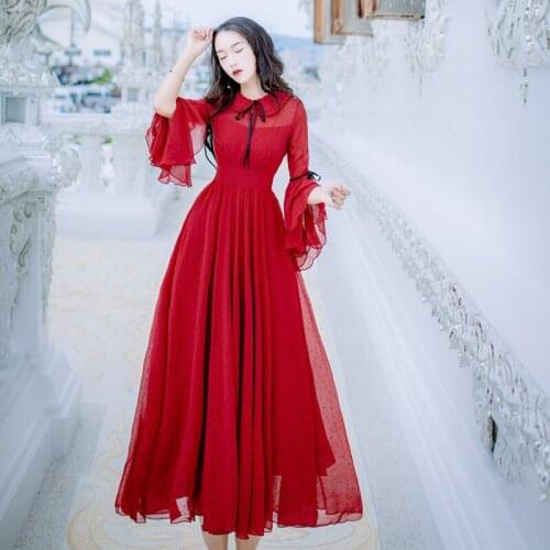 Seiwnibu long maxi chiffon dress femme vestidos flare sleeve dot print red dress boho chic hippie women dress runway summer