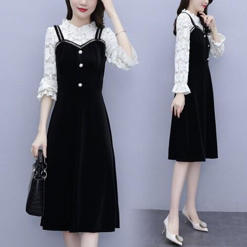 Womens lace velvet 2021 spring dress plus size L-4XL fat XXXL 3XL XXXXL woman wear long sleeve Patchwork party slim Casual dress