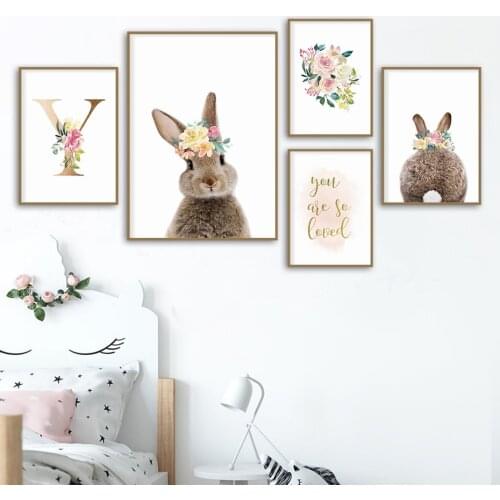 Gold Initial Letter Custom Tail Bunny Pink Floral Poster Nursery Canvas Painting Wall Art Print Picture Kids Room Home Decor