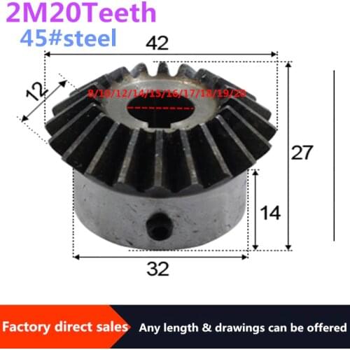 1pc Bevel Gear 2M 20Teeth inner hole 8/10/12/14/15/16/17/18/19/20 mm gear 90 degrees meshing angle Steel Gears Screw Hole M5