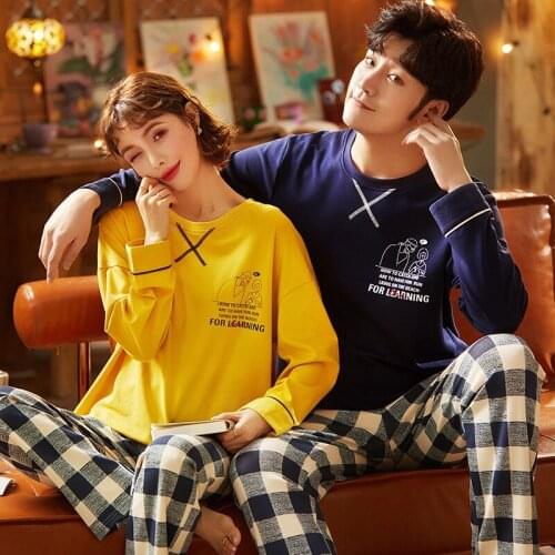 2020 Autumn Couple Cotton Long Sleeve Pajama Sets Women Casual Plaid Pants Sleepwear Suit Men Homewear Pijama Mujer Home Clothes