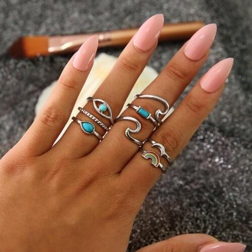 8 PCS/Set BOHO Colorful Rainbow Stone Midi Rings Set For Women New Retro Silver Color Vintage Finger Knuckle Ring Set Jewelry
