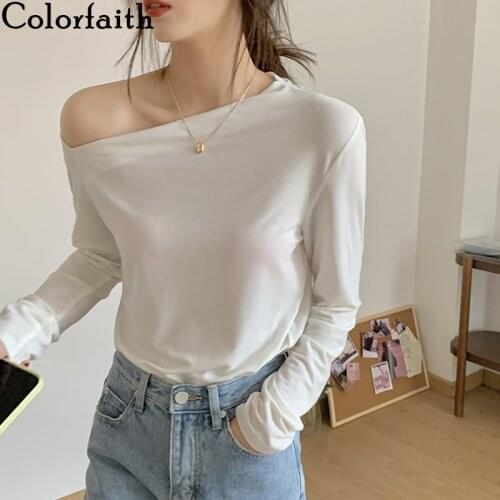 Colorfaith New 2021 Women Summer Autunm T-Shirt Bottoming Basic Solid Bare Shoulder Korean Style Wild Lady Sexy Short Tops T3926