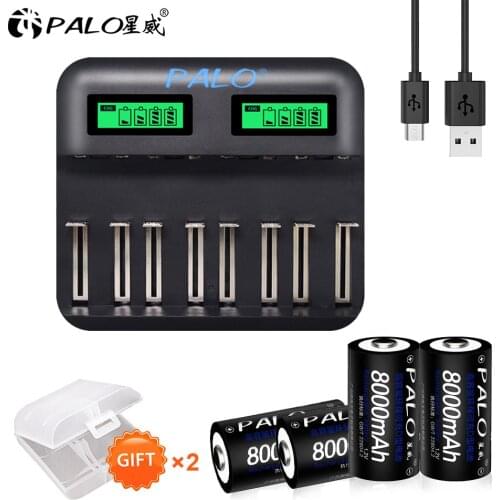 PALO D Size Battery Charger LCD Smart Charger for AA AAA SC C D Size Battery+4pcs 1.2V 8000mAh Ni-MH Rechargeable Battery D Size