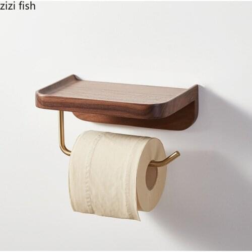 Natural Walnut Paper Roll Holder Brass Hook Paper Towel Rack Wall Hanging Tissue Holder Living Room Decoration Storage Shelf