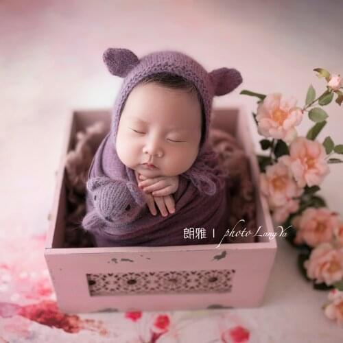 Angora Teddy Bear Bonnet Toy Set Purple Knitted Newborn Hat Stuffed Bear Lovely Baby Animal Hat Newborn Photography Props