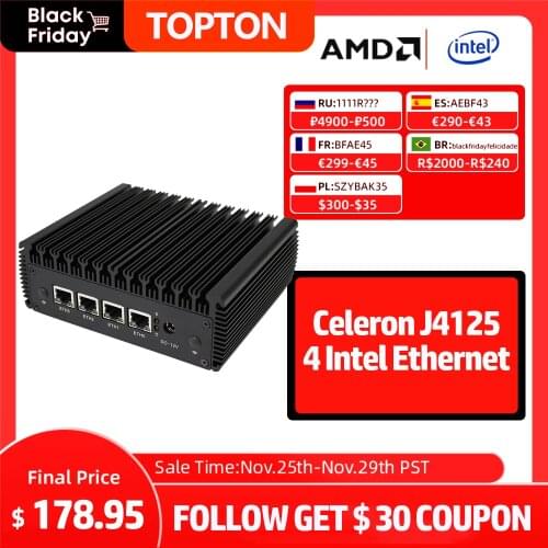 Hot Sale Firewall, VPN, Mikrotik, Router PC, Intel Celeron J4125 DDR4, AES-NI/4 Intel Gigabit Lan/2 USB/HDMI/VGA/Fanless Mini Pc