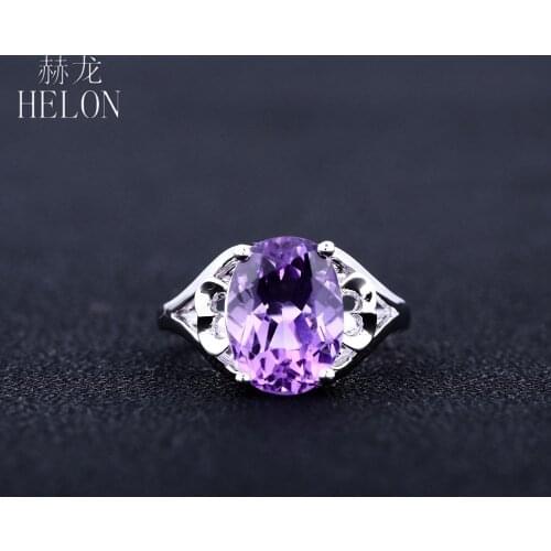 HELON Solid 10k White Gold Flawless Oval 3.9ct Genuine Natural Amethyst Ring Women Wedding Elegant Fashion Jewelry Party Ring