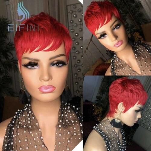 Short Straight Human Hair Wigs With Bangs Red Color Peruvian Remy Human Hair Bob Wigs Full Machine Made Cheap Human Hair Wigs