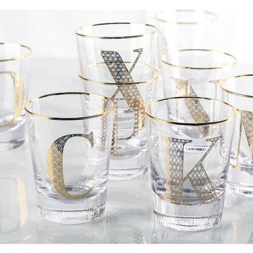 Creative Glass English letter Transparent Mugs Gold stripes Milk Tea Coffee Juice Water Cup Home Office Drinkware