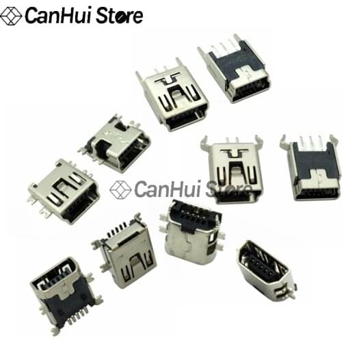 10PCS Mini USB B-Type 5pin Female Socket 2/4pin Bent Foot T-shaped Straight foot Vertical patch Sink plate Copper Jack Connector