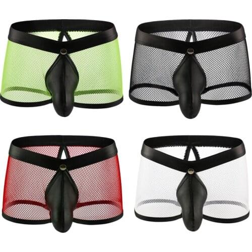 Mens sexy underwear grid flat Angle triangle dew penis gladiator hollowed-out ultra-thin breathable crotch speed dry pants