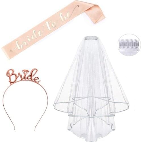 3Pcs/Set Bachelorette Hen Night Party Decoration Rose Gold Kit Wedding Veil With Comb Sash Headband Tiara Bridal Shower AXYD