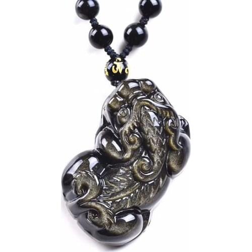 Gold Obsidian Pixiu Pendant Necklace Big Pendant Energy Stone Jade Jewelry Womens Jewelry Lovers Jewelry Jade Jewelry