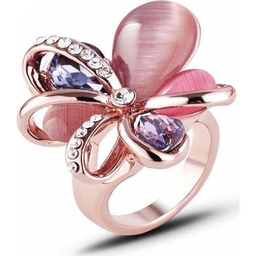 New Design Fashion Jewelry High-Grade Inlaid Opal Flower Couple Rings Female Luxury Shiny Cocktail Wedding Party Ring For Women