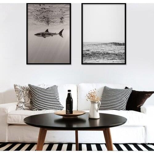 Simple Nordic Ins Style Black White Sea Shark Canvas Painting Living Room Porch Bedroom Wall Art Picture Home Decor Mural Poster