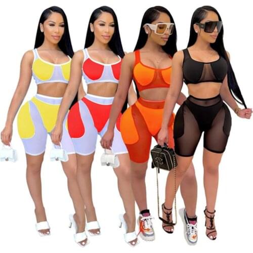 Drop Shipping conjuntos de verano para mujer Sleeveless Crop Top Mesh New Trending Products Womens 2 Piece Outfit Two Piece Set